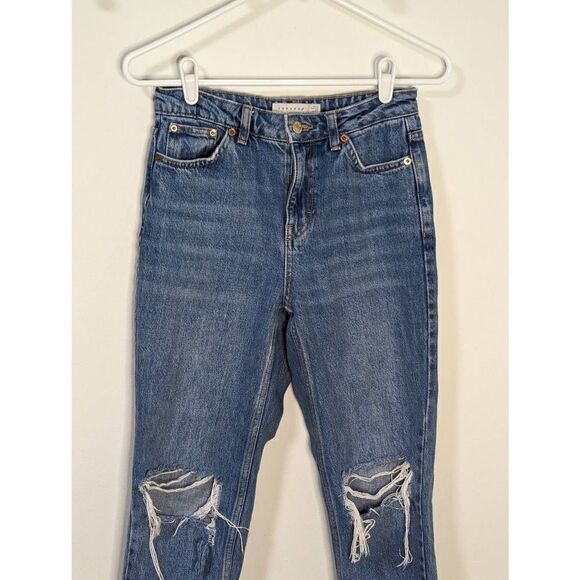 TopShop Mom Jeans Distressed Knees Blue Denim Jeans - Size W26 L28 Petite - Picture 2 of 7